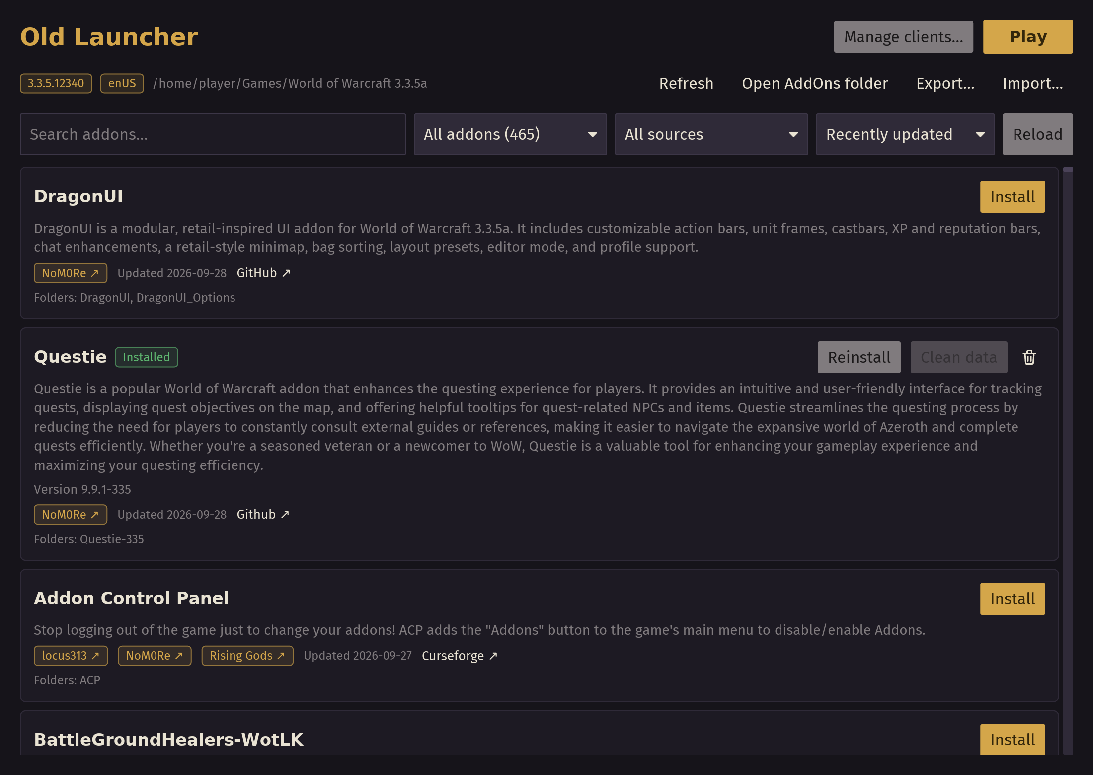 Every addon in one list, with the search box and the filters above it