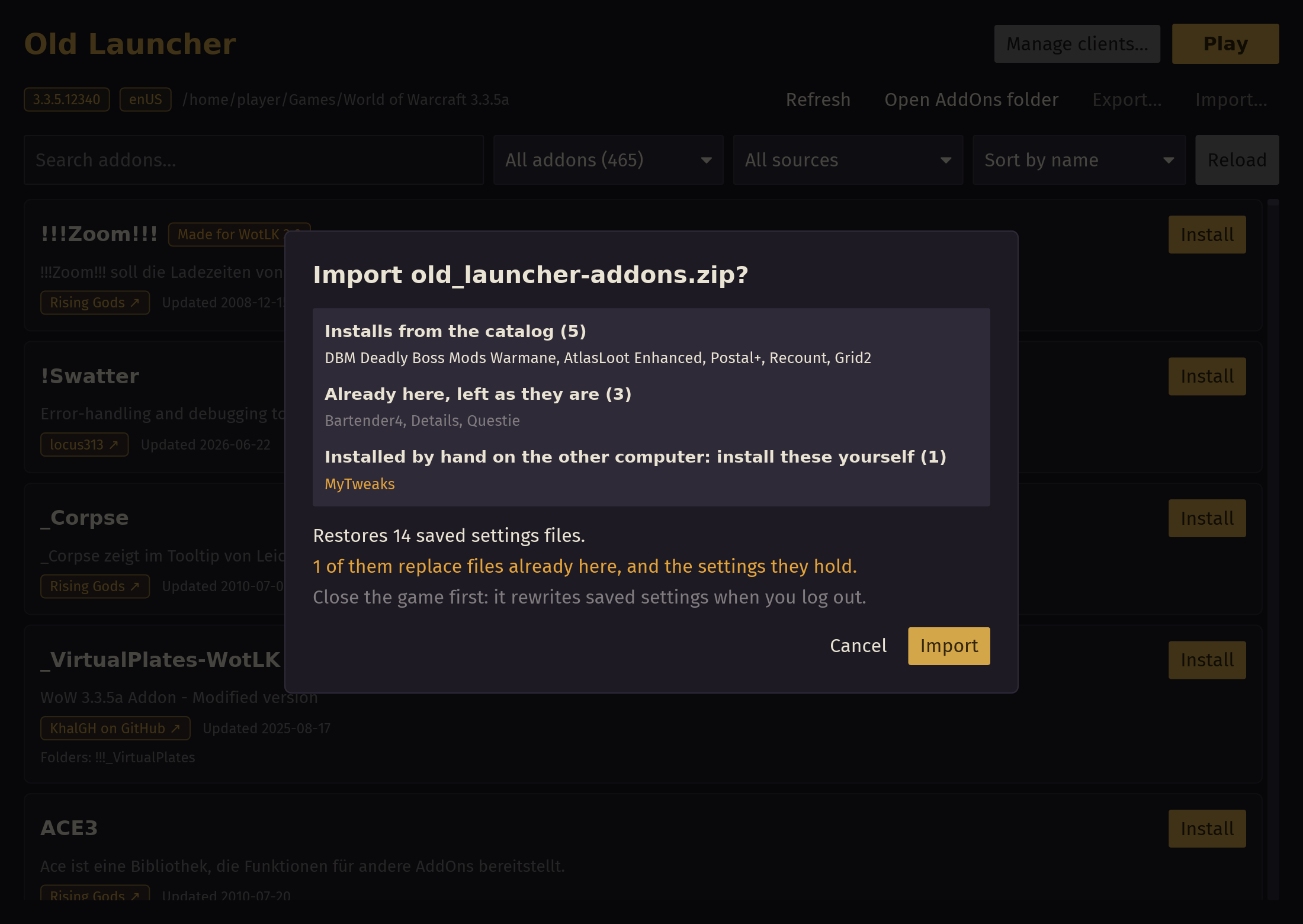 Importing addons and saved settings exported on another computer